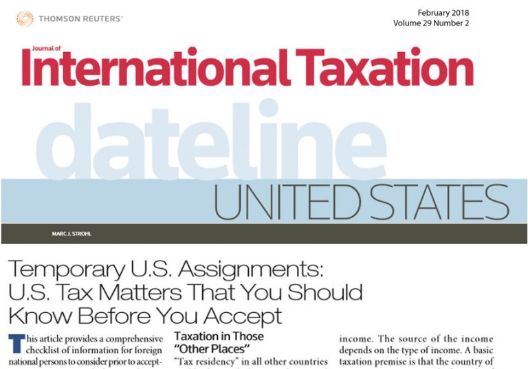 Thomson Reuters Journal of International Taxation featuring Marc J Strohl in February 2018 issue