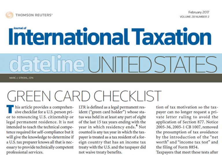 Thomson Reuters Journal of International Taxation featuring Marc J Strohl in February 2017 issue