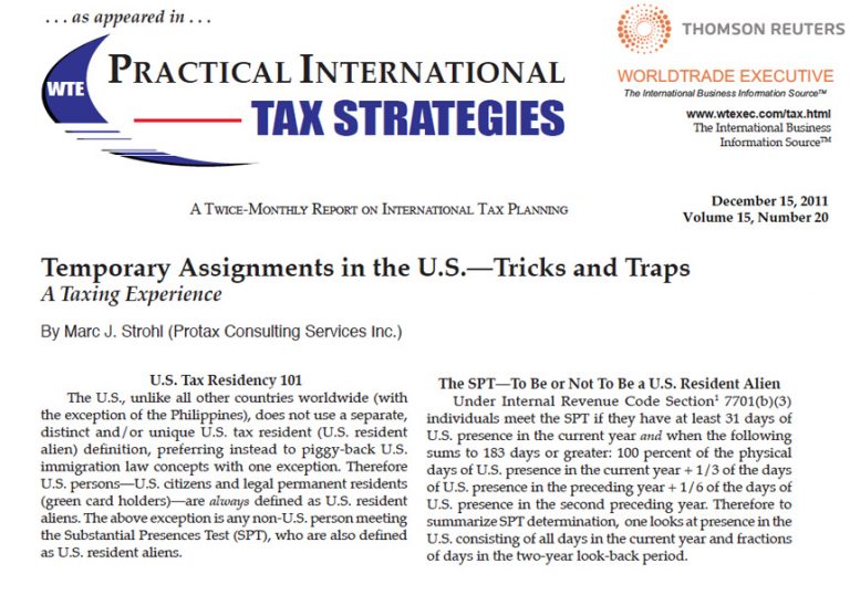 Thomson Reuters Practical International Tax Strategies featuring Marc J. Strohl from Protax Consulting Services for December 2011
