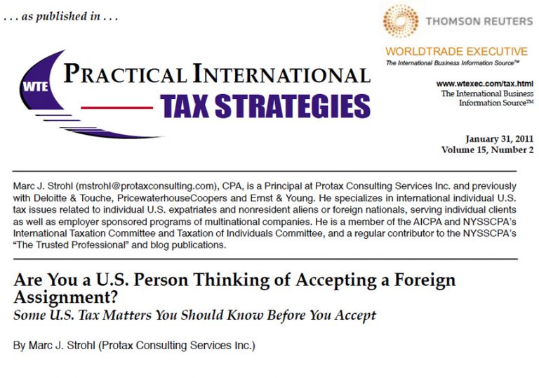 Thomson Reuters Practical International Tax Strategies featuring Marc J. Strohl from Protax Consulting Services for January 2011