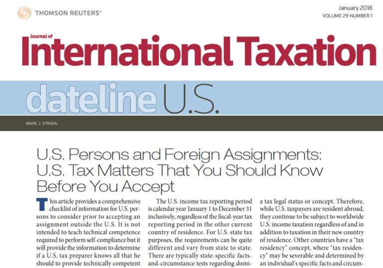 Thomson Reuters Journal of International Taxation featuring Marc J Strohl in January 2018 issue